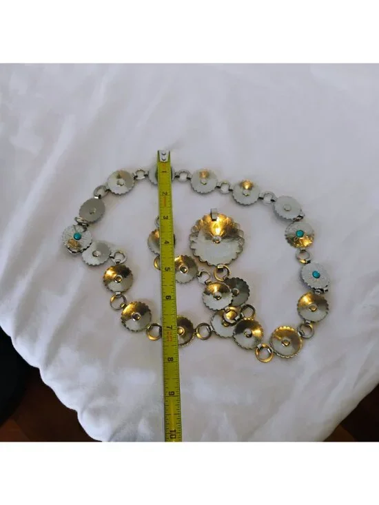 Silver Metal Concho Belt w/ Faux Turquoise Adjustable up to 37" Vintage Cowgirl - Picture 8 of 9